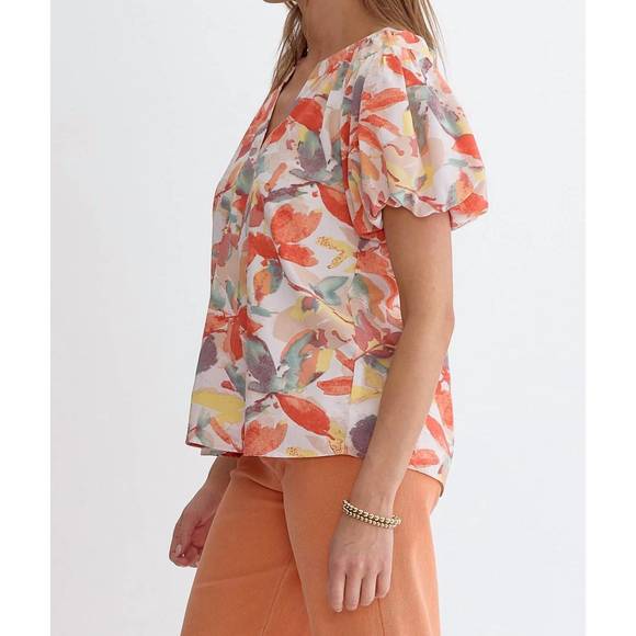 NEW ENTRO floral print bubble sleeve blouse in peaches and cream - Picture 2 of 5